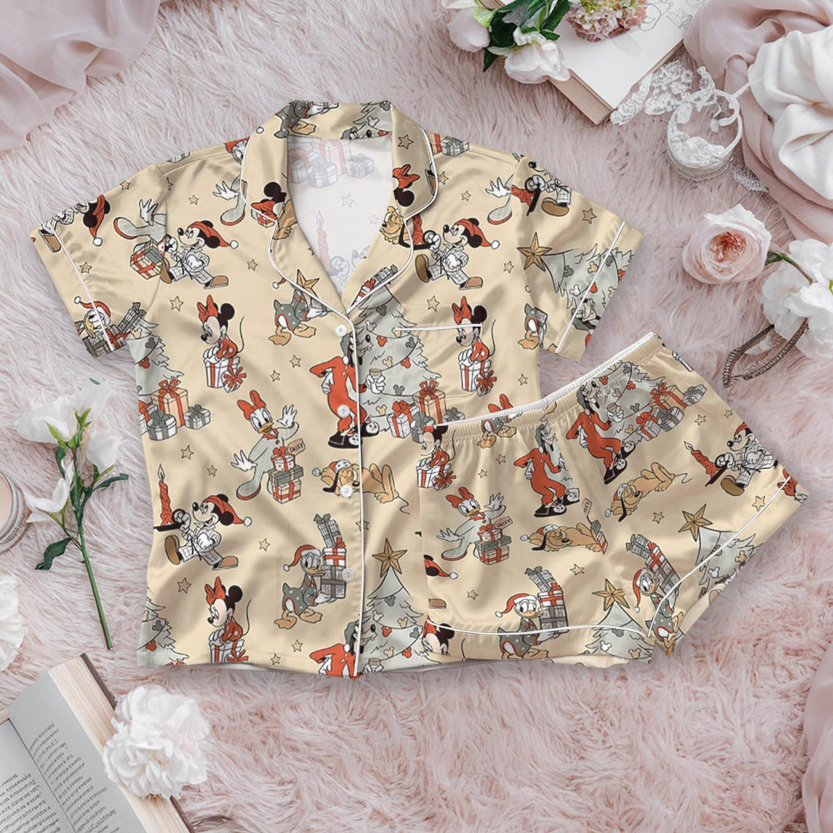Disney Mickey And Friends Christmas Satin Pajamas Set, Mickey's Very Merry Christmas Party Pjs, Traditional Mickey Christmas pjs