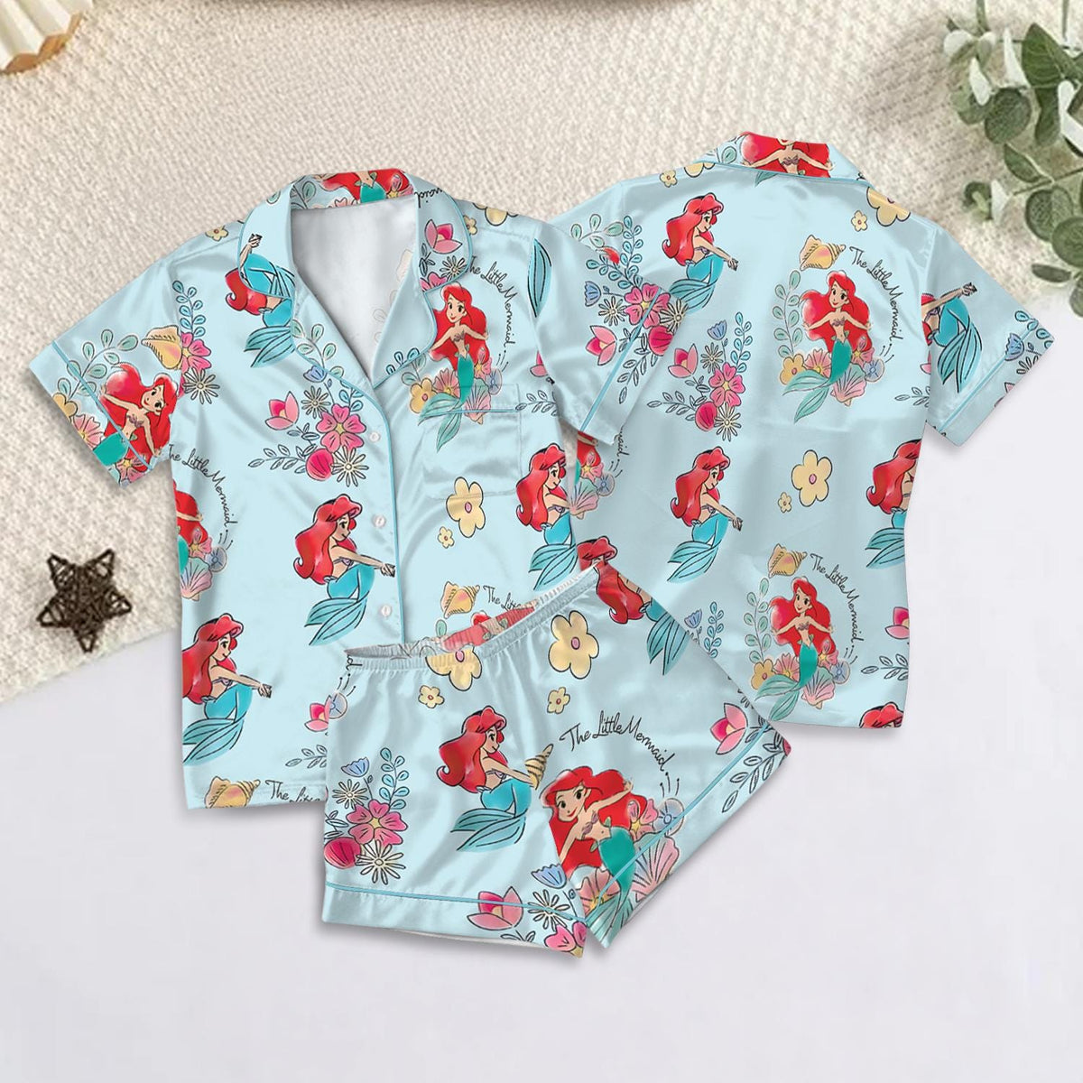 Disney The Little Mermaid Ariel Satin Pajamas Set, Disney Princess Silk Pajamas, Ariel Flounder Pajamas
