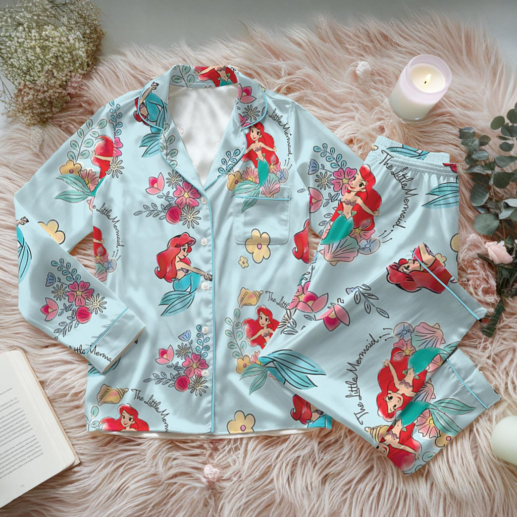 Disney The Little Mermaid Ariel Satin Pajamas Set, Disney Princess Silk Pajamas, Ariel Flounder Pajamas