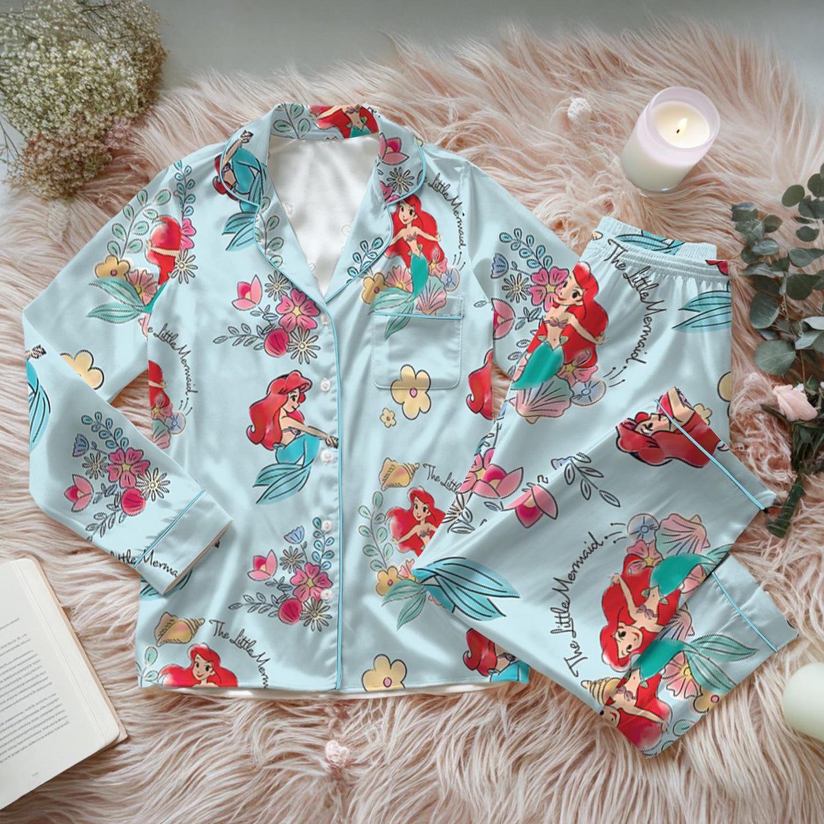 Disney The Little Mermaid Ariel Satin Pajamas Set, Disney Princess Silk Pajamas, Ariel Flounder Pajamas