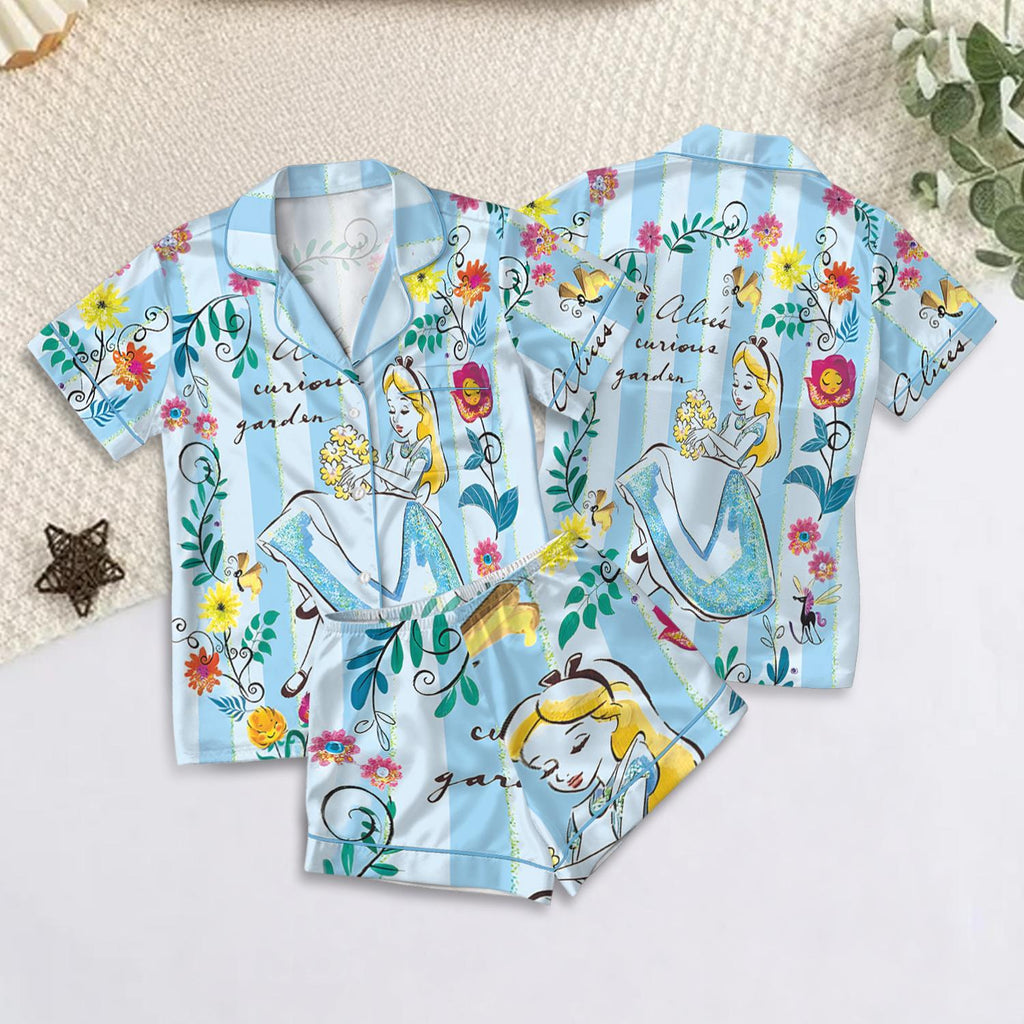 Disney Alice in Wonderland Satin Pajamas Set, Cute Tea Time Sleepwear, Alice In Wonderland Flowers Summer Nightwear