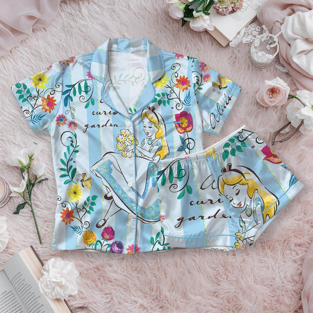 Disney Alice in Wonderland Satin Pajamas Set, Cute Tea Time Sleepwear, Alice In Wonderland Flowers Summer Nightwear