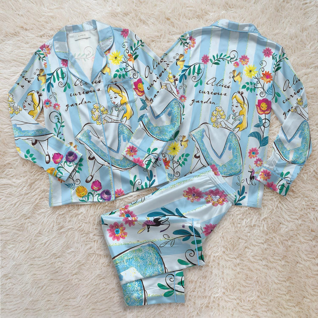 Disney Alice in Wonderland Satin Pajamas Set, Cute Tea Time Sleepwear, Alice In Wonderland Flowers Summer Nightwear