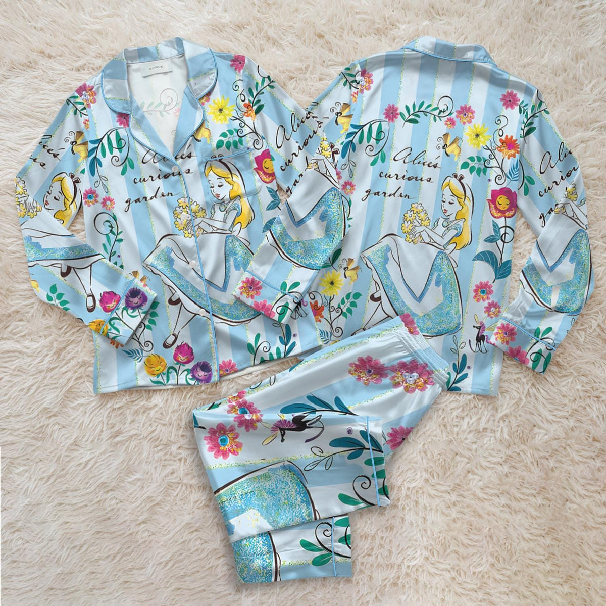 Disney Alice in Wonderland Satin Pajamas Set, Cute Tea Time Sleepwear, Alice In Wonderland Flowers Summer Nightwear