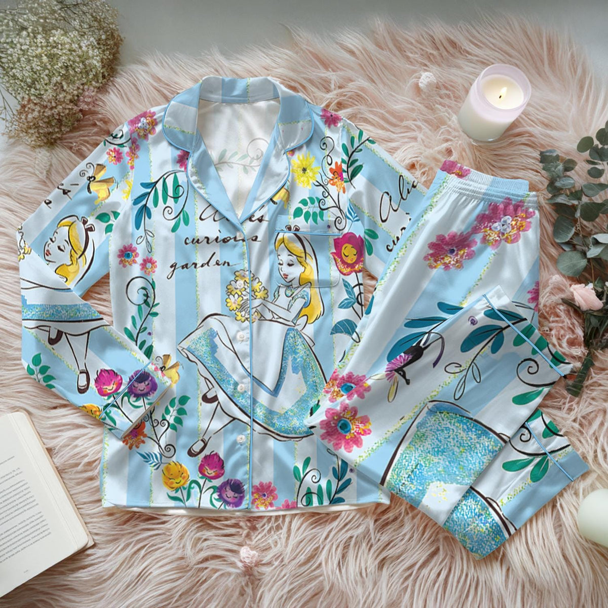 Disney Alice in Wonderland Satin Pajamas Set, Cute Tea Time Sleepwear, Alice In Wonderland Flowers Summer Nightwear