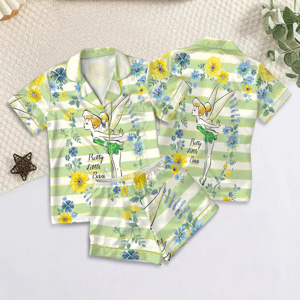 Disney Tinker Bell Satin Pajamas Set, Disney Fairytale Pjs, Disneyland Fairy Magical Movie Cartoon Pajamas
