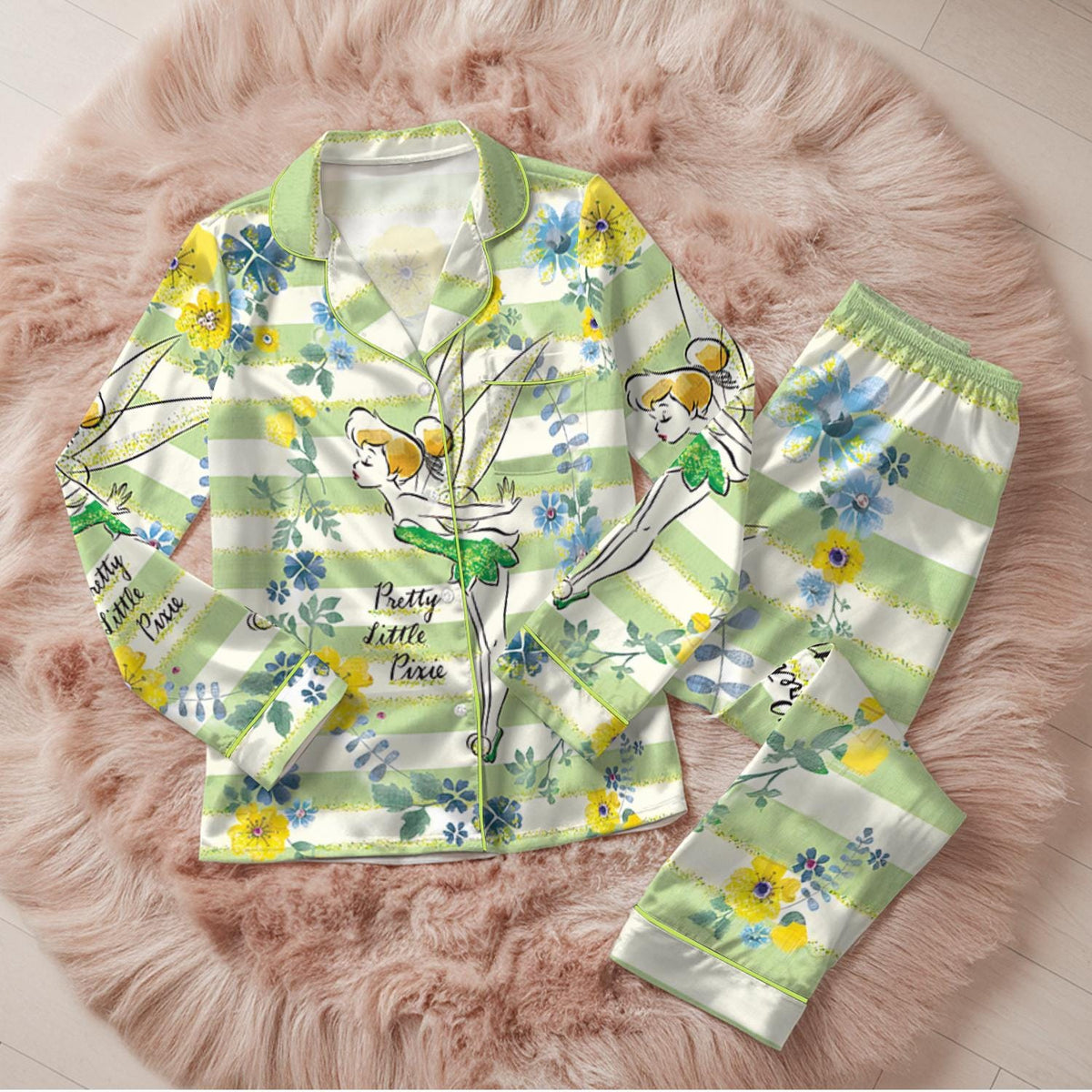 Disney Tinker Bell Satin Pajamas Set, Disney Fairytale Pjs, Disneyland Fairy Magical Movie Cartoon Pajamas