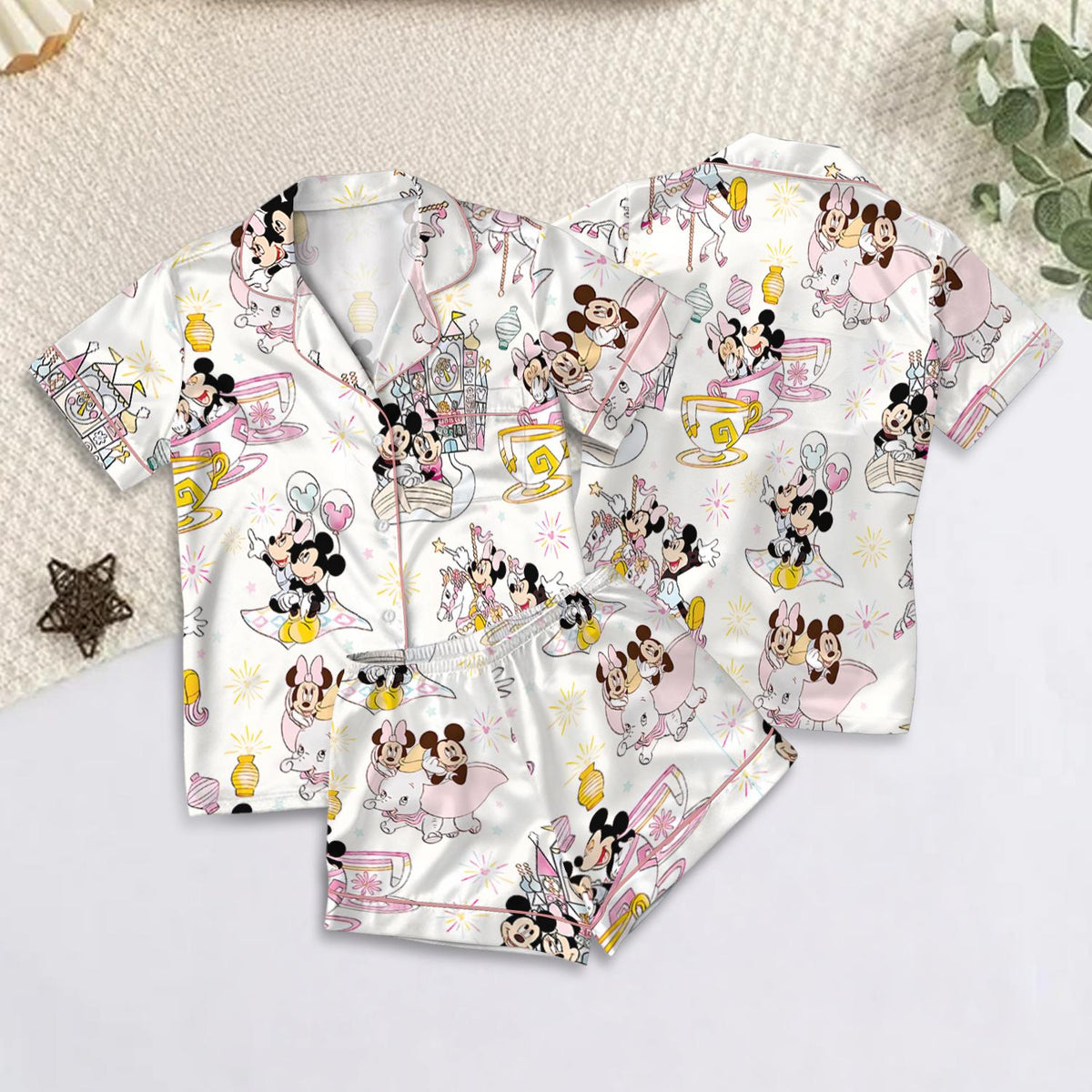 Pastel Magical Mouse Park Day Spring and Summer Satin Pajamas Set, Disney Mickey Minnie Parks Pajamas, Magic Kingdom Pajamas