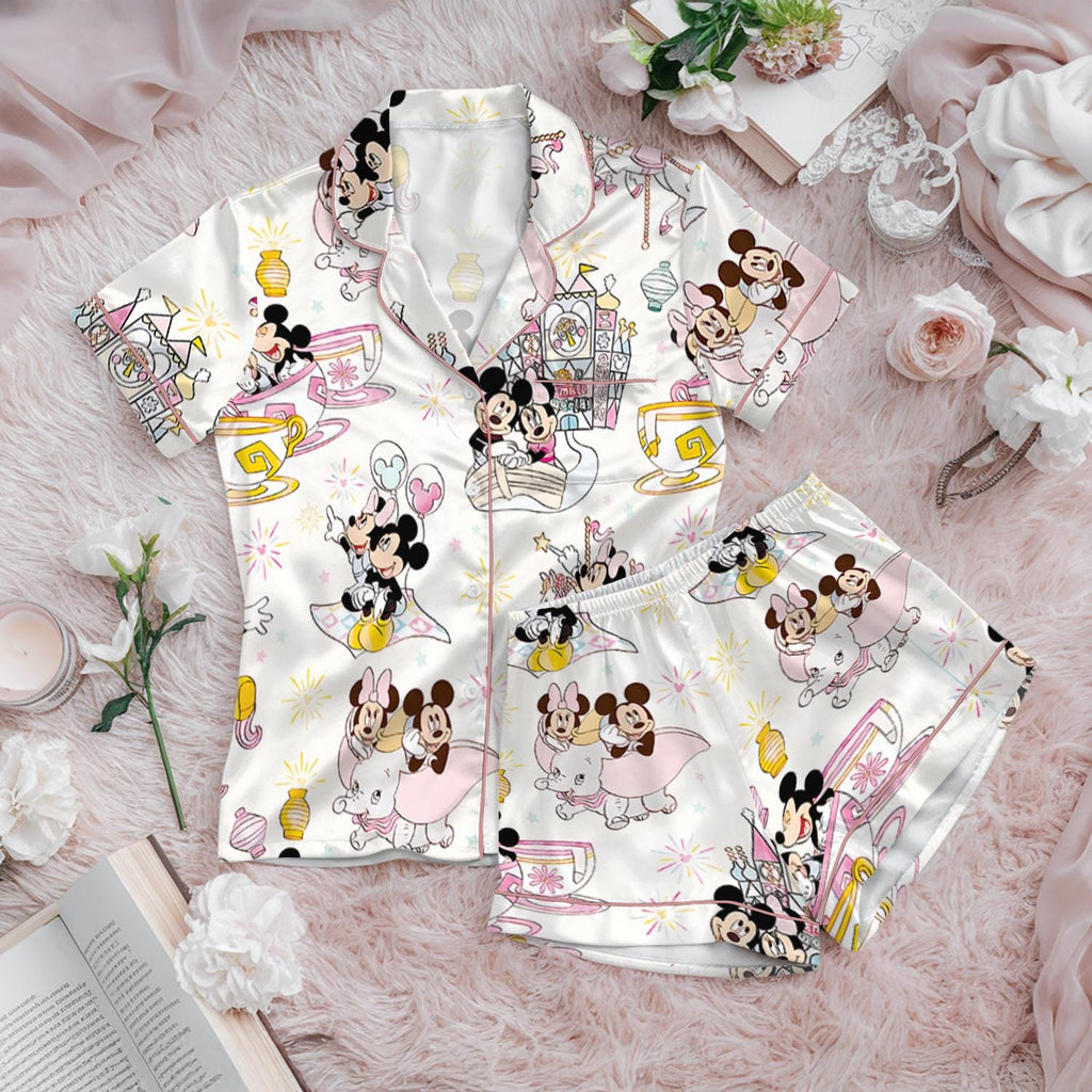 Pastel Magical Mouse Park Day Spring and Summer Satin Pajamas Set, Disney Mickey Minnie Parks Pajamas, Magic Kingdom Pajamas