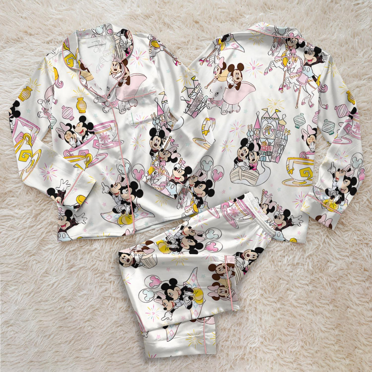 Pastel Magical Mouse Park Day Spring and Summer Satin Pajamas Set, Disney Mickey Minnie Parks Pajamas, Magic Kingdom Pajamas