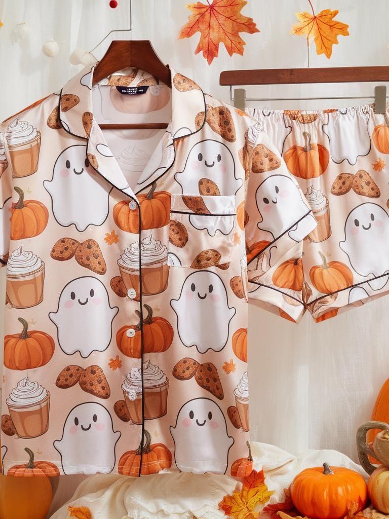 Cute Ghost Pumpkin Satin Pajamas Set, Ghost Pajamas, Coffee Cozy Fall Aesthetic Pajamas, Autumn Pajamas, Halloween Pajamas, Spooky Season