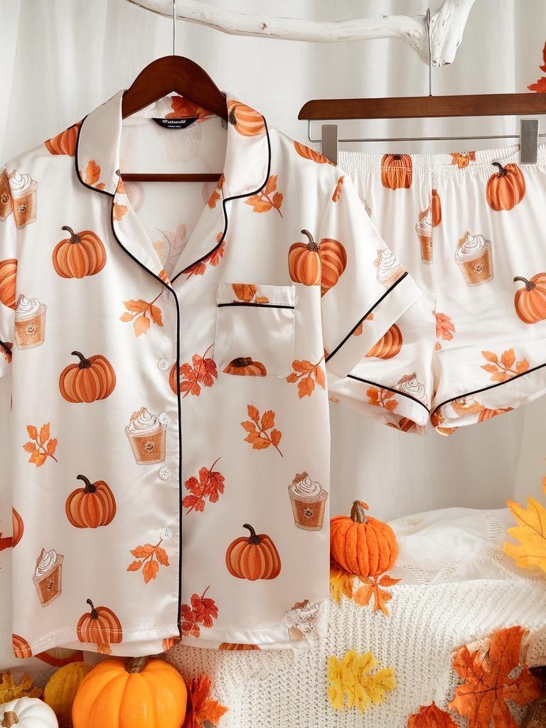 Cozy Fall Aesthetic Satin Pajamas Set, Autumn Pajamas, Fall Pajamas, Pumpkin Pajamas, Pumpkin Latte Pajamas, Halloween Pjs, Cozy Season Pjs