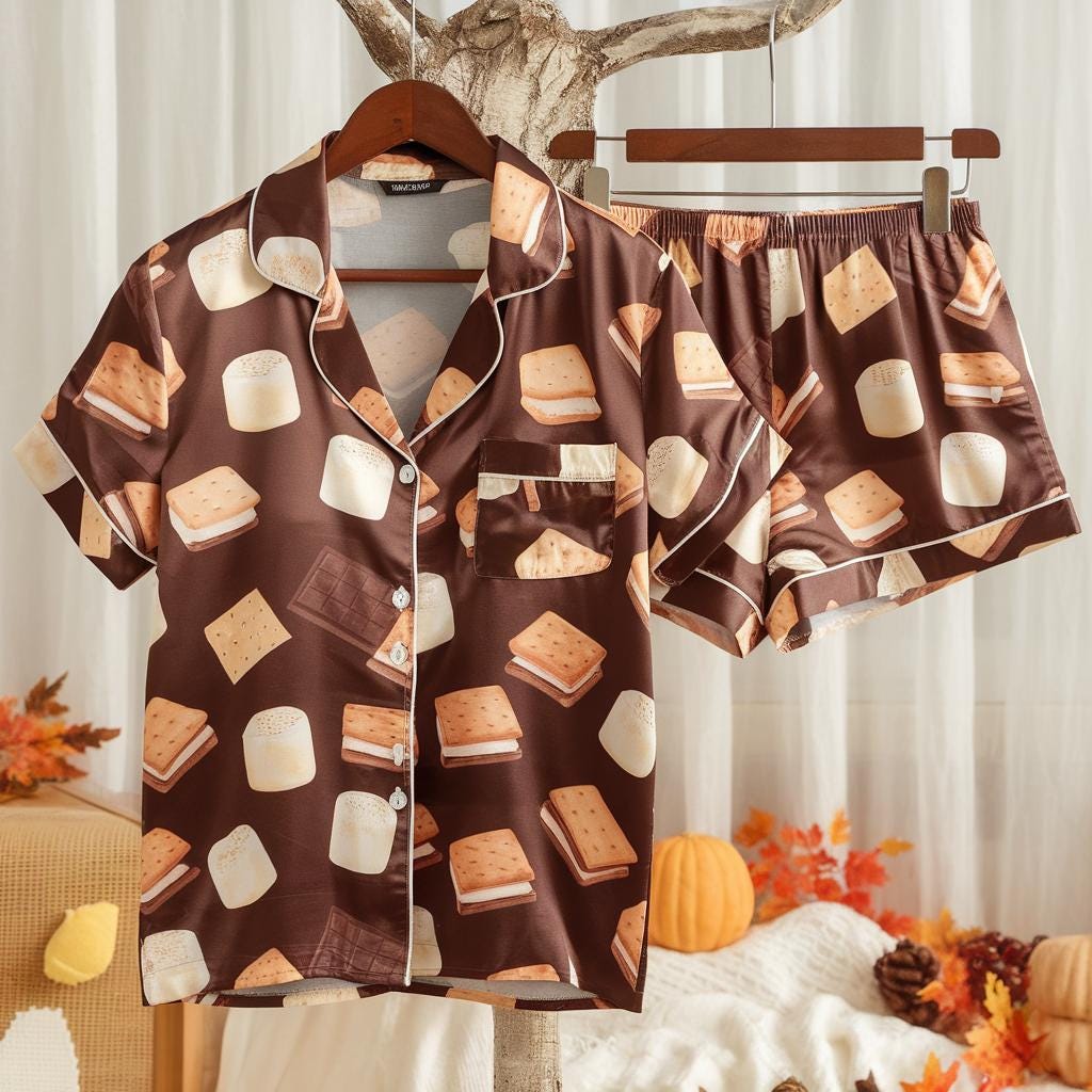 Cute S'mores Satin Pajamas Set, Autumn Pajamas, Cozy Fall Pajamas, Chocolate Pajamas, Fall Snack Pyjamas, Halloween Pjs, Cozy Season Pajamas