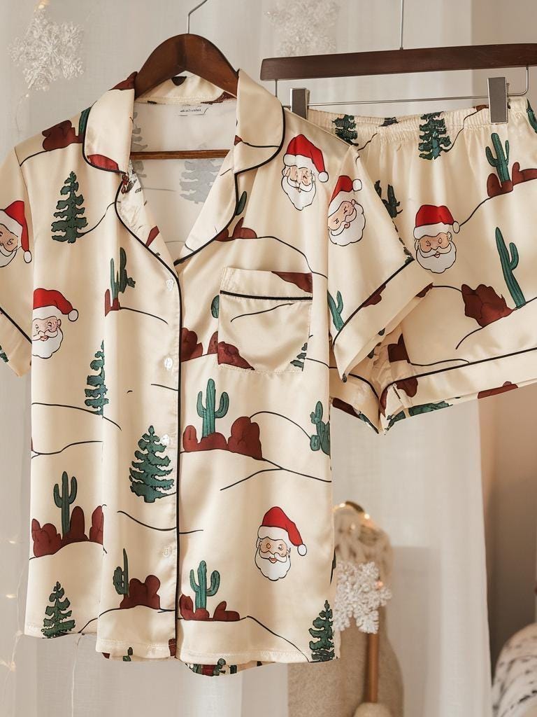 Cowboy Santa Satin Pajamas Set, Christmas Pajamas, Western Christmas Pajamas, Santa Claus Pajamas, Family Christmas Pajamas, Cozy Season Pjs