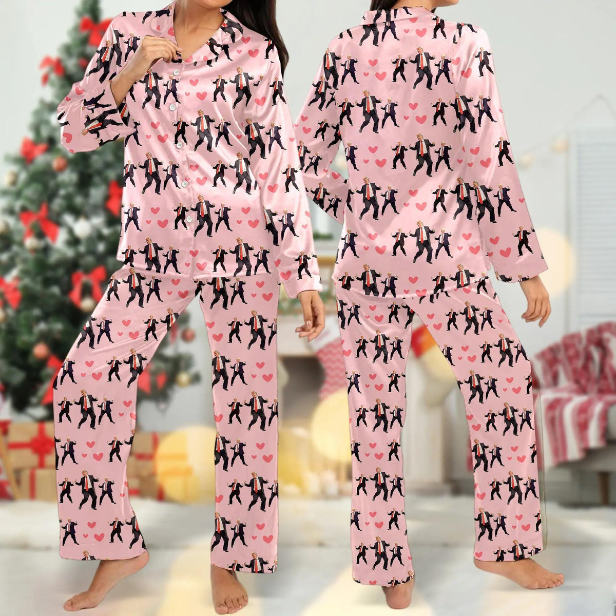 Donald Trump Heart Kiss Valentine Pajama Set, MAGA Trump Dancing Pajamas, US Political Gift for Her, Trump Women Sleepwear, Trump Pants