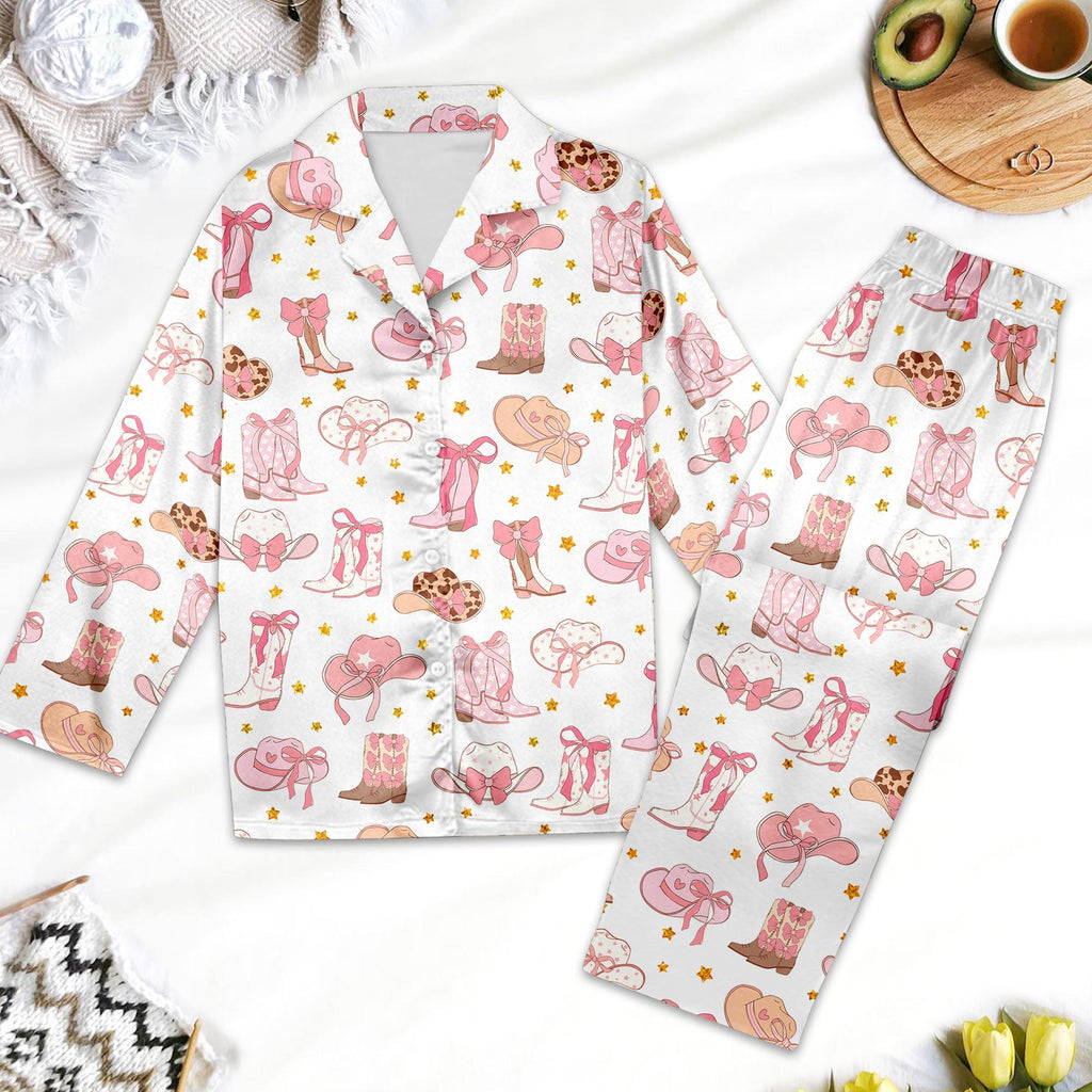 Pink Cowgirl Boots And Hat Country Themed Pajamas, Boots And Hats Western Cowgirl Pajamas Set, Cowgirl Boots Pajamas Set Gifts