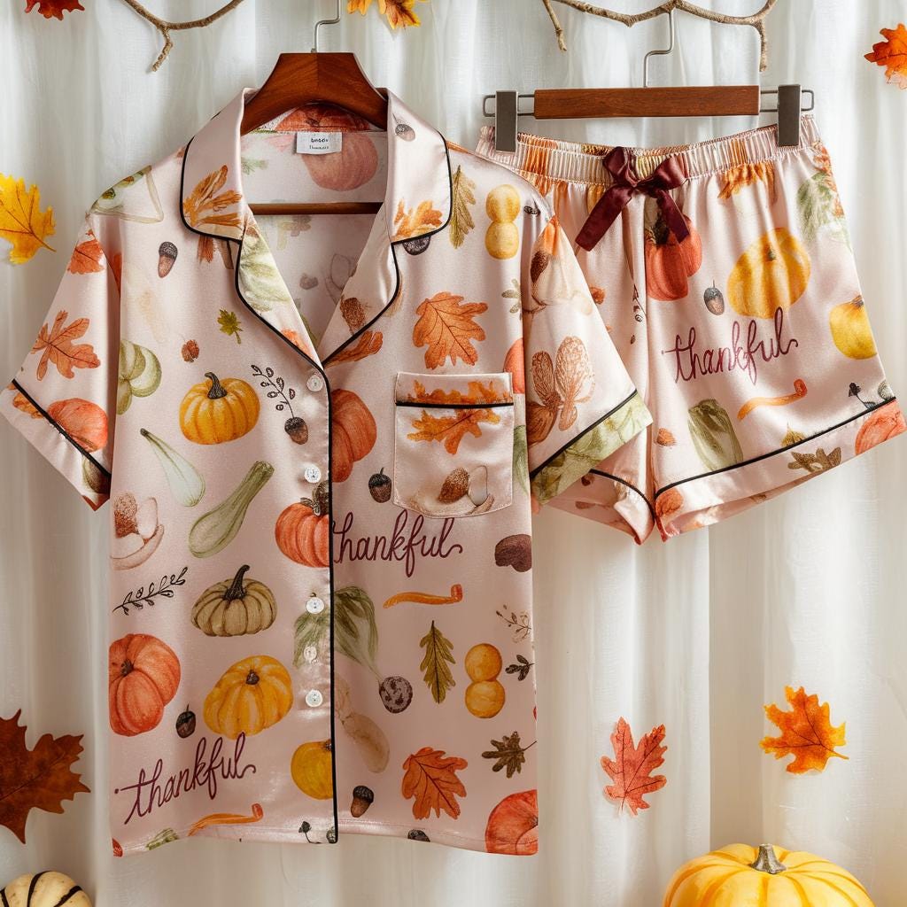 Thanksgiving Satin Pajamas Set, Pumpkins Pajamas, Autumn Pajamas, Fall Pajamas, Thankful Pajamas, Gourds Leaves Pajamas, Cozy Season Pajamas