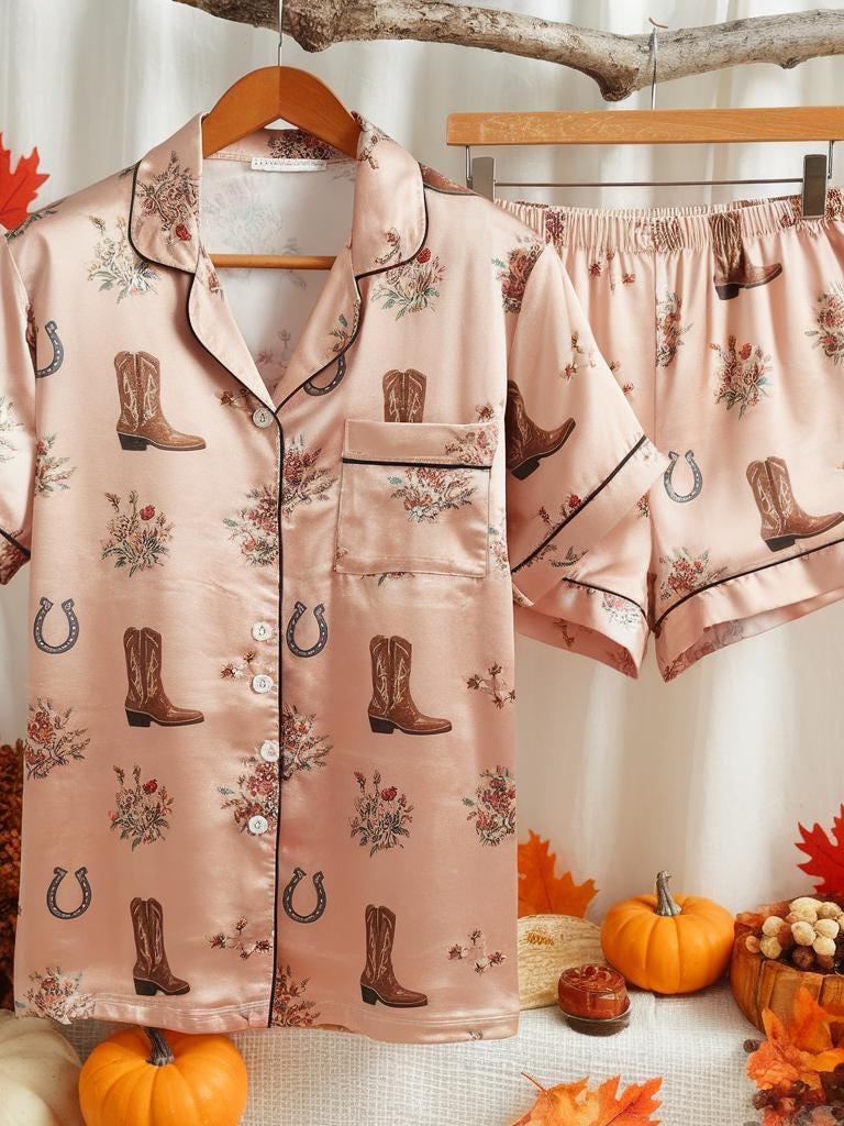 Sweet Cowgirl Satin Pajamas Set, Texas Boots Style Pajamas, Western Pajamas, Cowboy Pajamas, Cowgirl Boots Pajamas, Girly Matching Pajamas