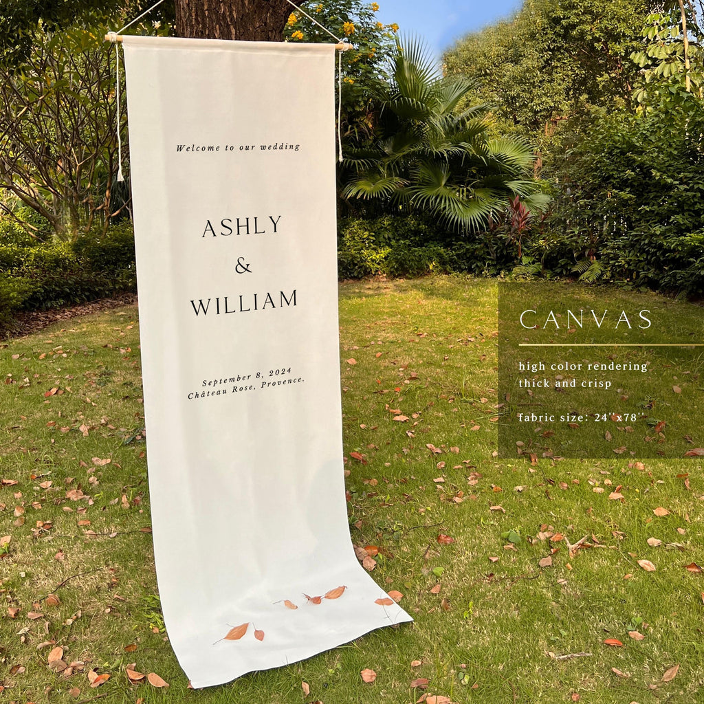 Custom wedding welcome sign, Linen Wedding Sign, canvas chiffon Fabric Banner with Collapsible Stand, destination wedding, 32