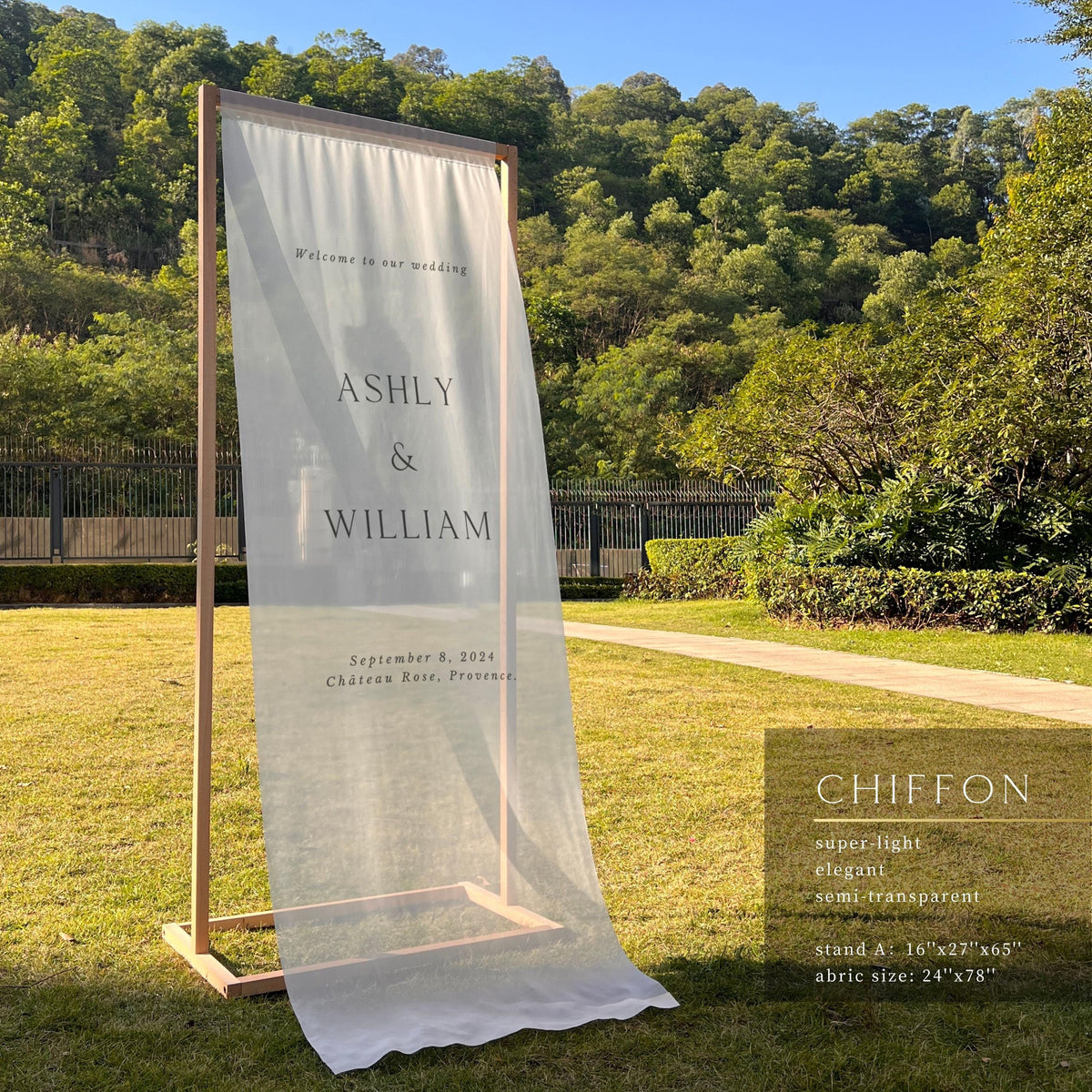 Custom wedding welcome sign, Linen Wedding Sign, canvas chiffon Fabric Banner with Collapsible Stand, destination wedding, 32