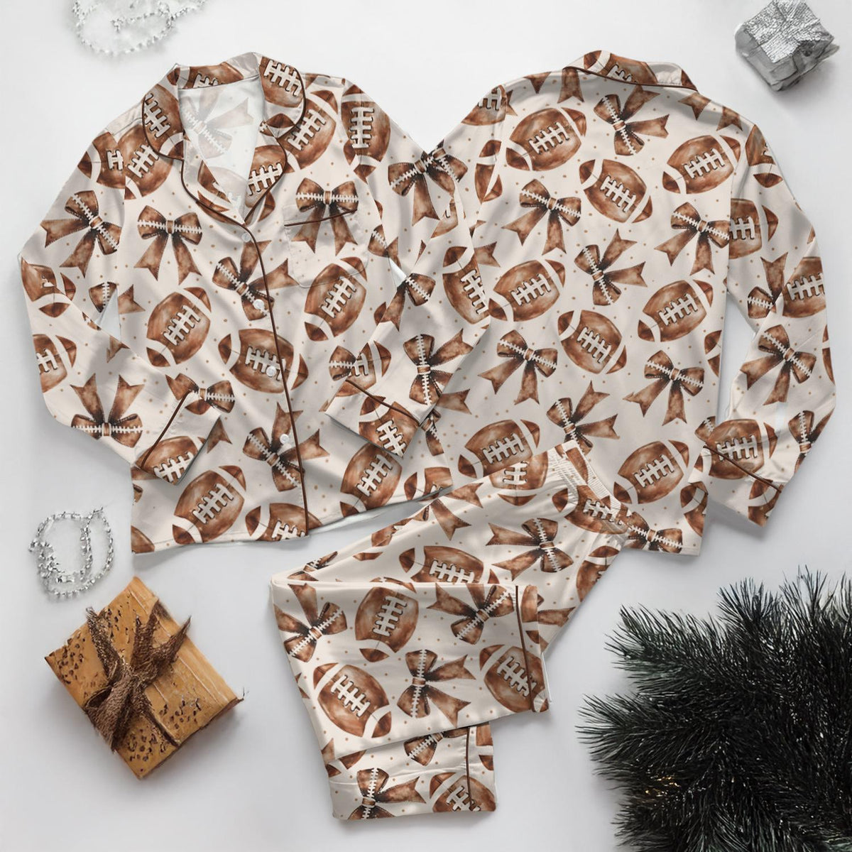 Football Coquette Satin Pajamas Set, Game Day Sleepwear, Preppy Football Homewear, Football And Bow Nightwear, Sport Lover Gift