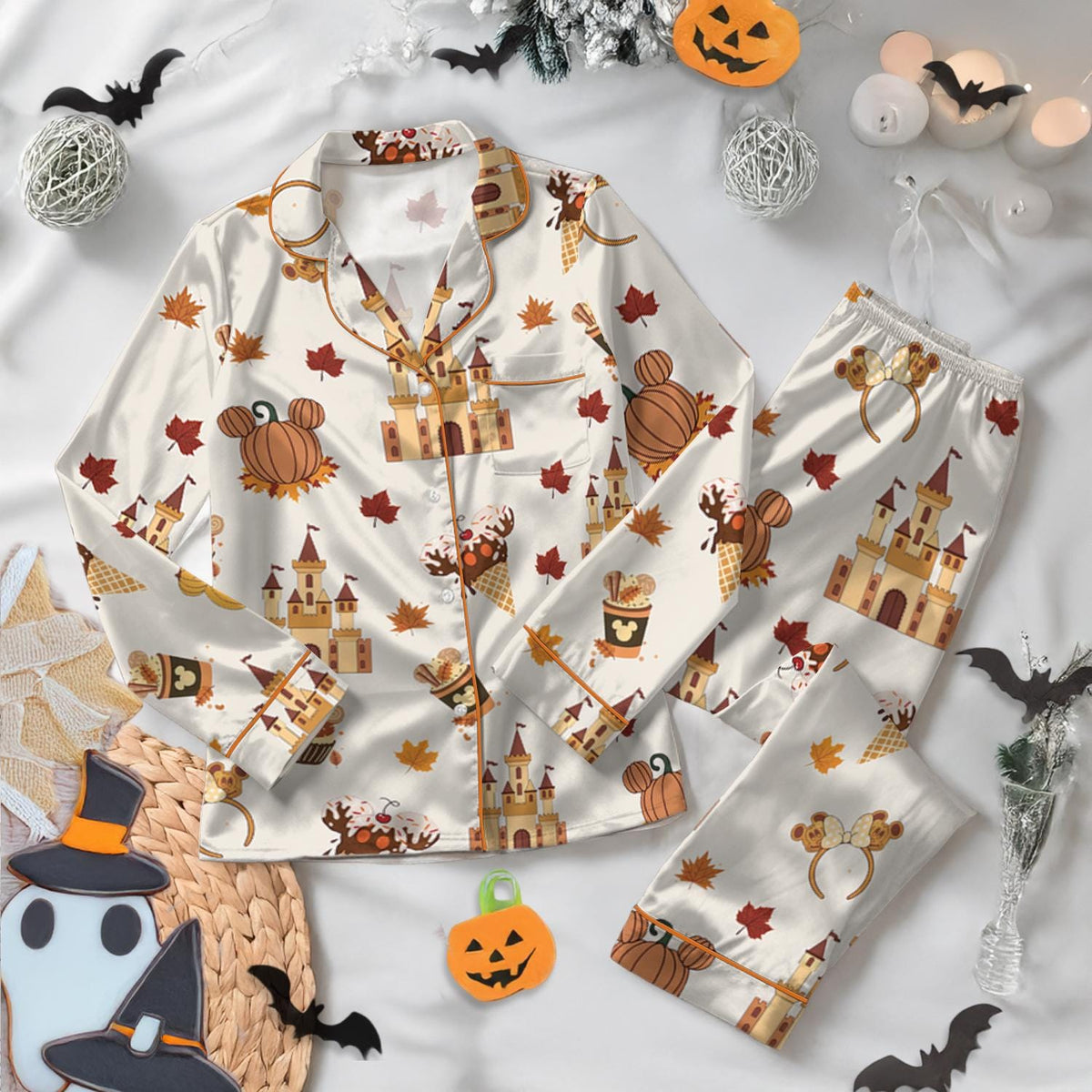 Disney Autumn Pumpkin Satin Pajamas Set, Disney Cute Fall Bow Sleepwear, WDW Family Matching Set, Disney Halloween Gift