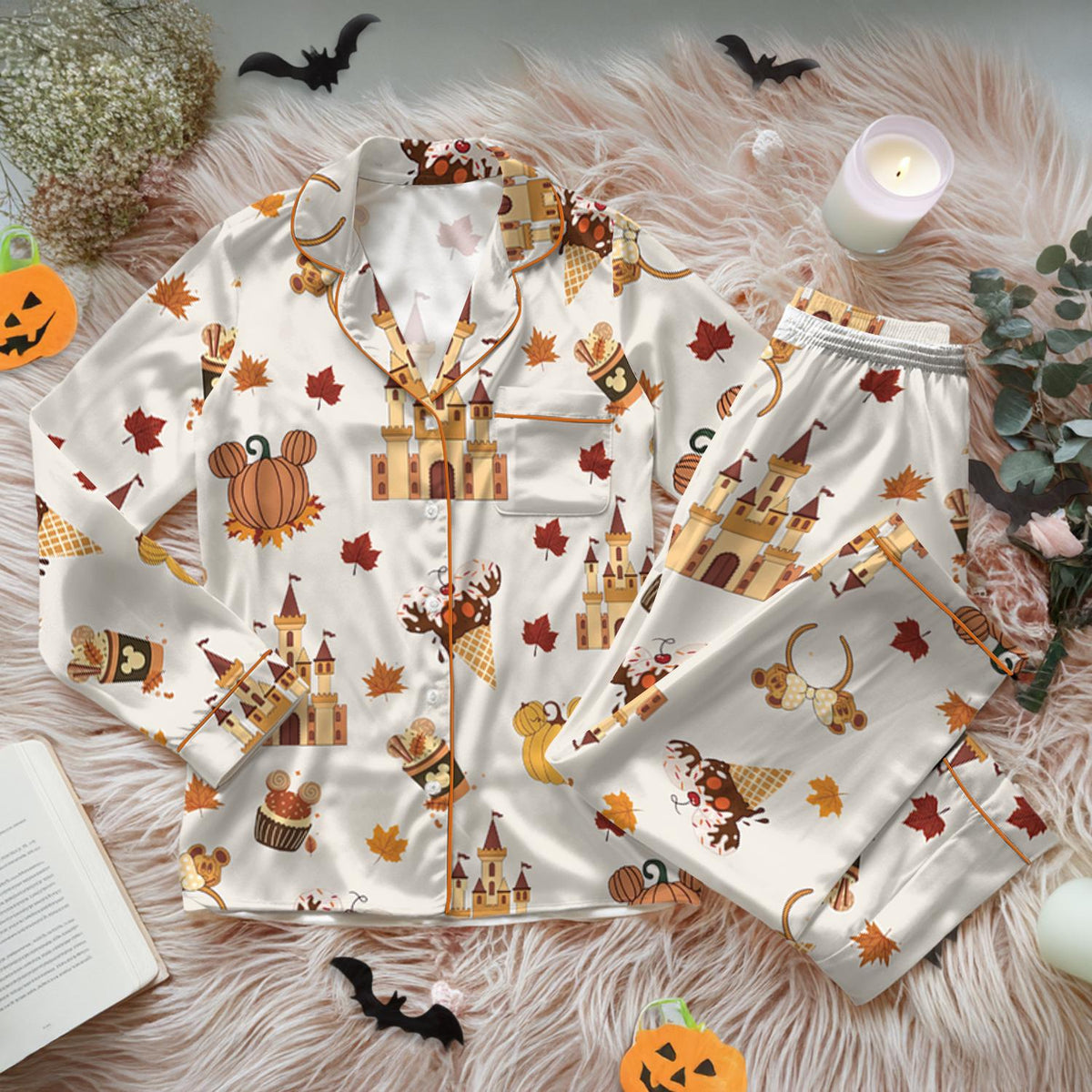 Disney Autumn Pumpkin Satin Pajamas Set, Disney Cute Fall Bow Sleepwear, WDW Family Matching Set, Disney Halloween Gift