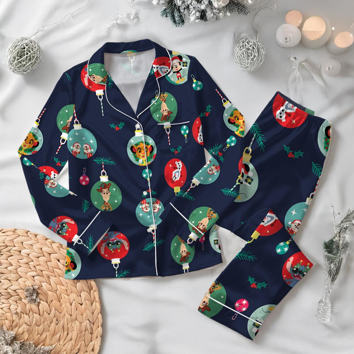 Disney Christmas Ornament Ball Satin Pajamas Set, Disney character Sleepwear, Very Merry Xmas Holiday Pajamas, Disney Sleepwear