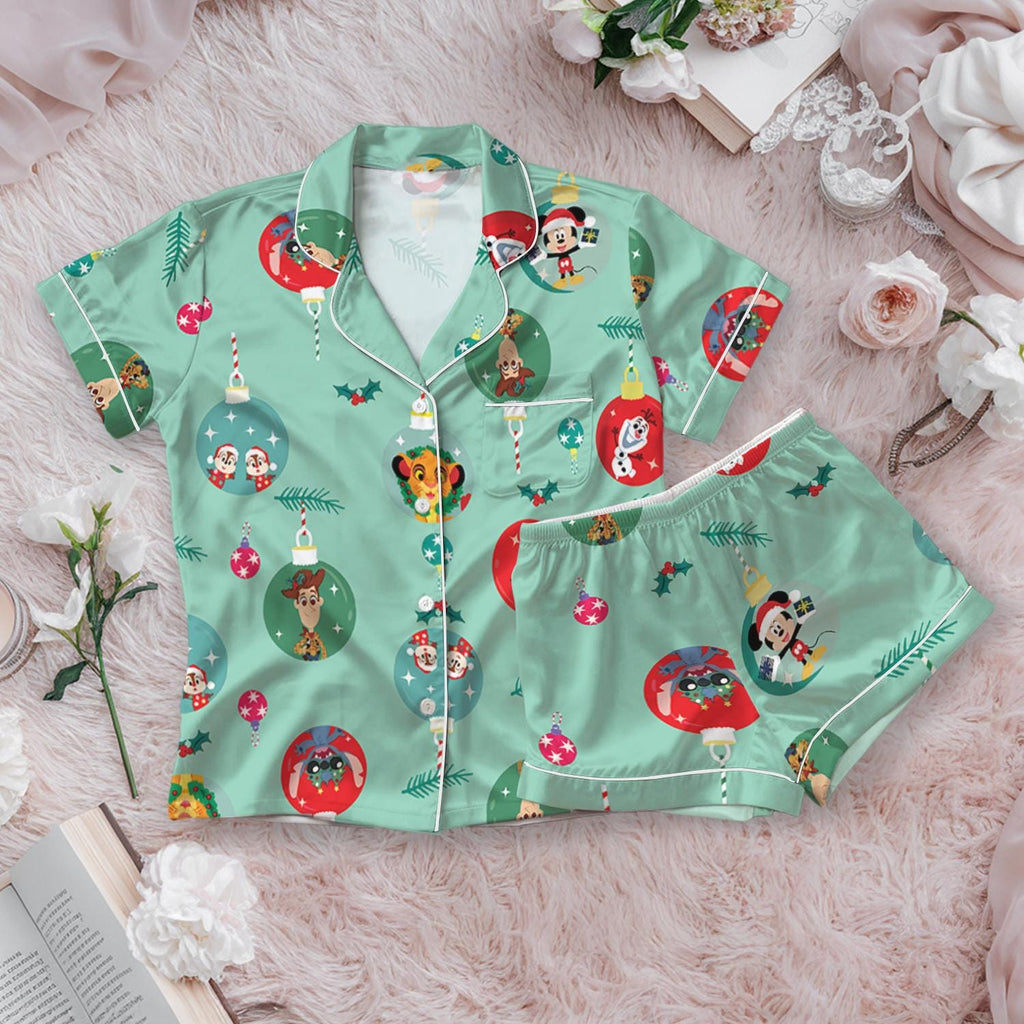 Disney Christmas Ornament Ball Satin Pajamas Set, Disney character Sleepwear, Very Merry Xmas Holiday Pajamas, Disney Sleepwear