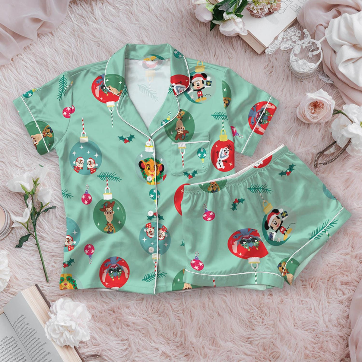 Disney Christmas Ornament Ball Satin Pajamas Set, Disney character Sleepwear, Very Merry Xmas Holiday Pajamas, Disney Sleepwear