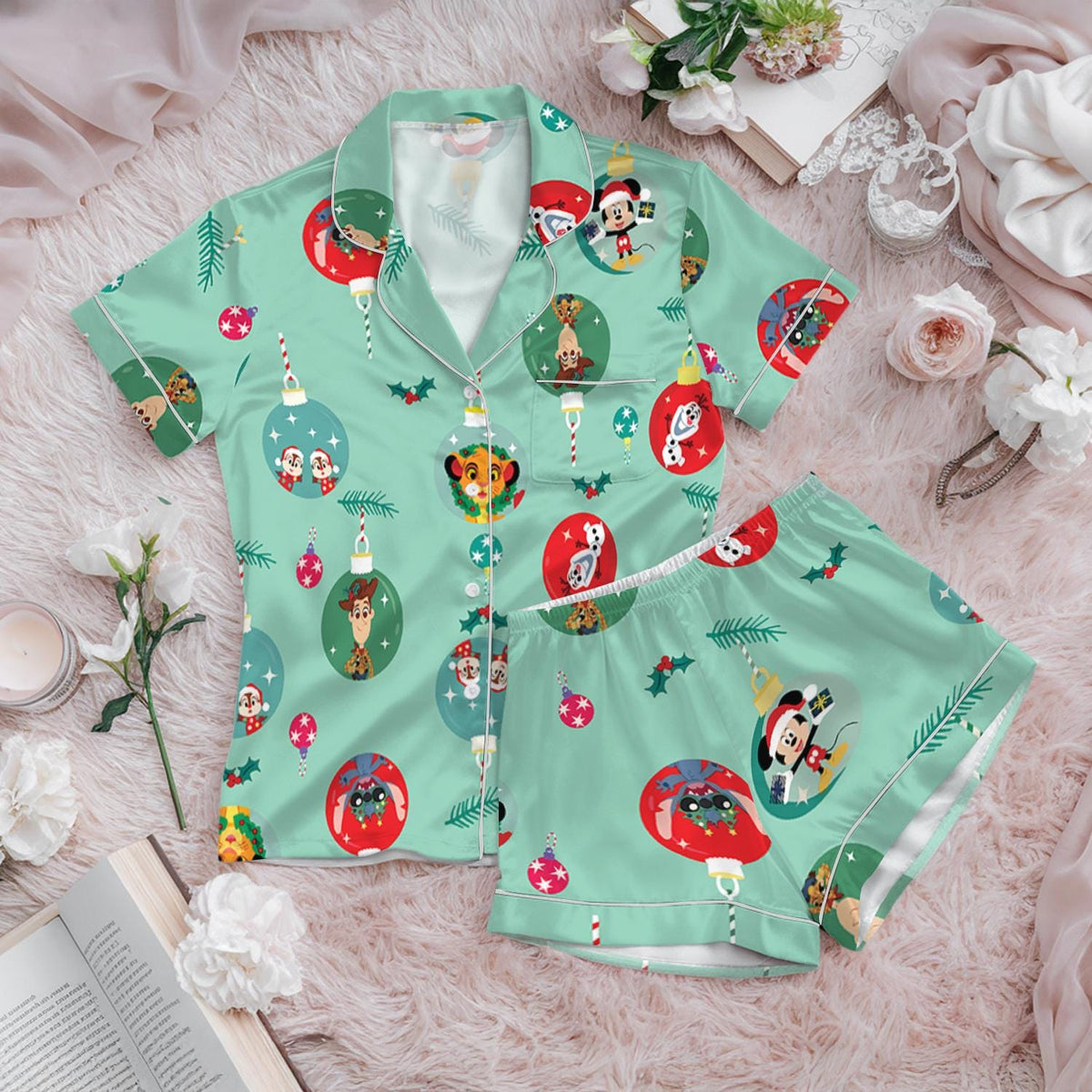 Disney Christmas Ornament Ball Satin Pajamas Set, Disney character Sleepwear, Very Merry Xmas Holiday Pajamas, Disney Sleepwear
