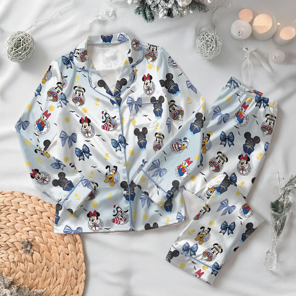 Disney Cruise Satin Pajamas Set, Disney Summer Cruise Pajama, Disney Lovers Loungewear, Coquette bow Disney Cruise Pajamas Set