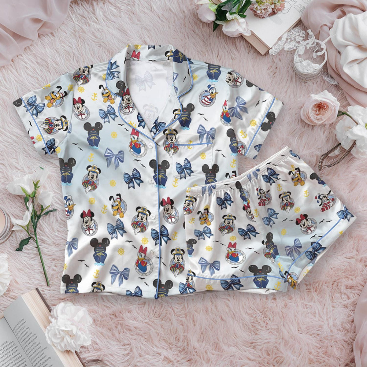 Disney Cruise Satin Pajamas Set, Disney Summer Cruise Pajama, Disney Lovers Loungewear, Coquette bow Disney Cruise Pajamas Set