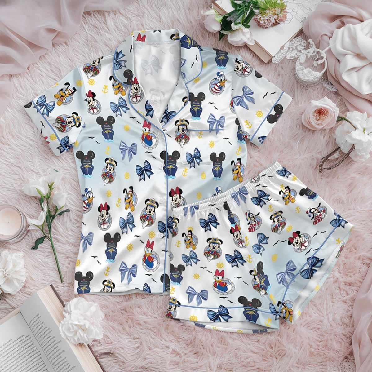 Disney Cruise Satin Pajamas Set, Disney Summer Cruise Pajama, Disney Lovers Loungewear, Coquette bow Disney Cruise Pajamas Set