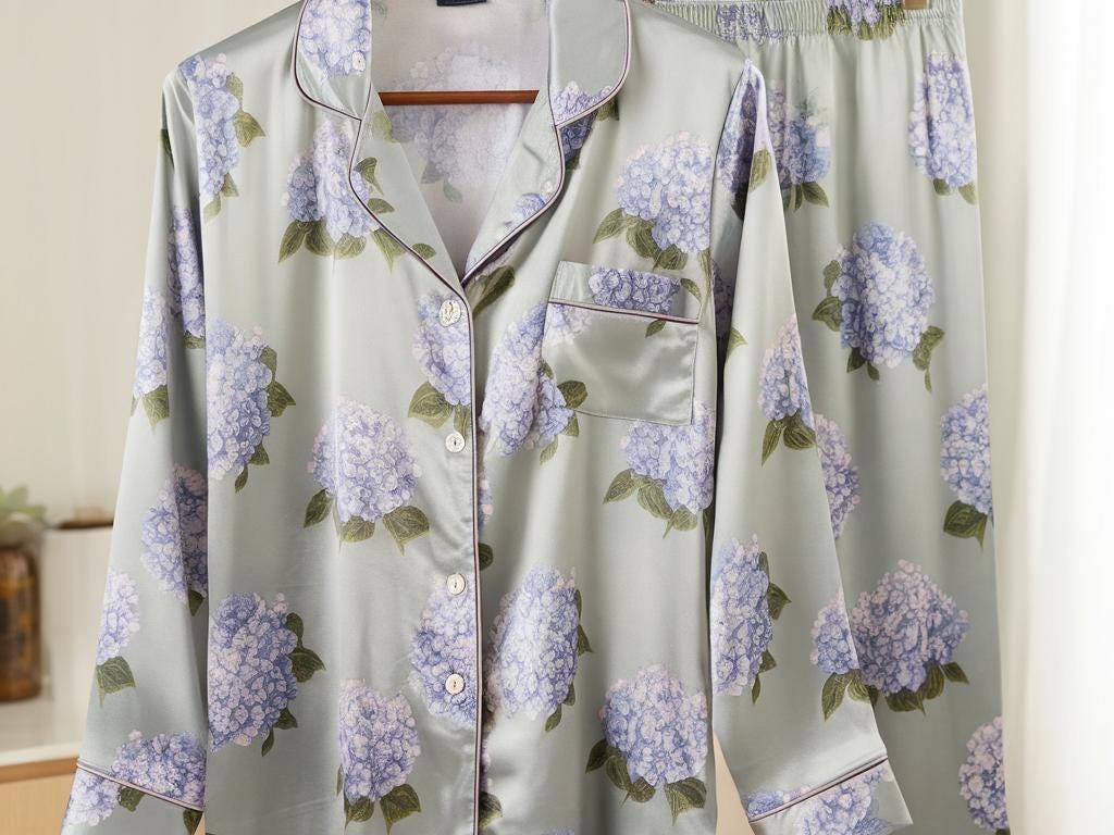 Hydrangea Bridesmaid Satin Pajamas Set, Bridesmaid Pajamas, Bachelorette Party, Bride Pajamas, Blue Floral Bridesmaid, Getting Ready Gifts