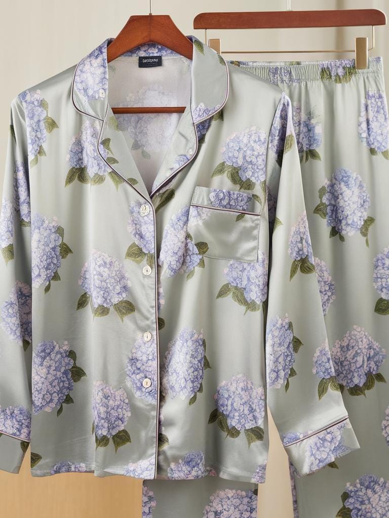 Hydrangea Bridesmaid Satin Pajamas Set, Bridesmaid Pajamas, Bachelorette Party, Bride Pajamas, Blue Floral Bridesmaid, Getting Ready Gifts