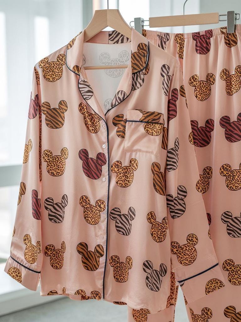 Mickey Mouse Head Ears Leopard Satin Pajamas Set, Animal Kingdom Safari Mode Pajamas, Disneyland Family Matching Pjs, Magic Kingdom Pajamas