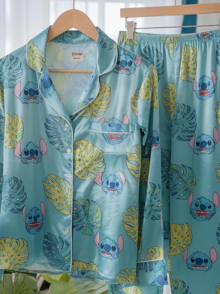 Disney Stitch Satin Pajamas Set, Tropical Stitch Pajamas, Disneyland Family Trip Pajamas, Magic Kingdom Pajamas, Disney Matching Pajamas Set