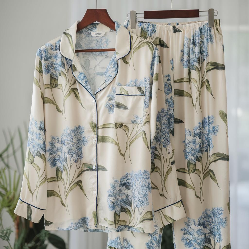 Blue Floral Print Satin Pajamas Set, Bridesmaid Pajamas, Bachelorette Party Pjs, Bride Pajamas, Misty Blossom Pajamas, Getting Ready Gifts
