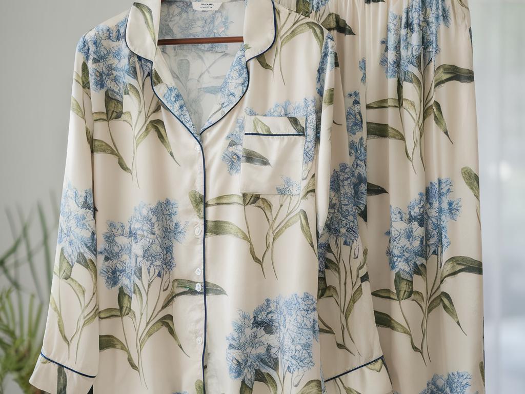 Blue Floral Print Satin Pajamas Set, Bridesmaid Pajamas, Bachelorette Party Pjs, Bride Pajamas, Misty Blossom Pajamas, Getting Ready Gifts