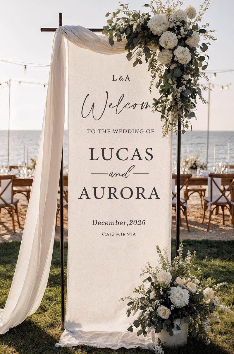 Custom Wedding Welcome Sign | Personalized Fabric Linen Banner for Ceremony or Reception Entrance | Rustic Modern Wedding Decoration
