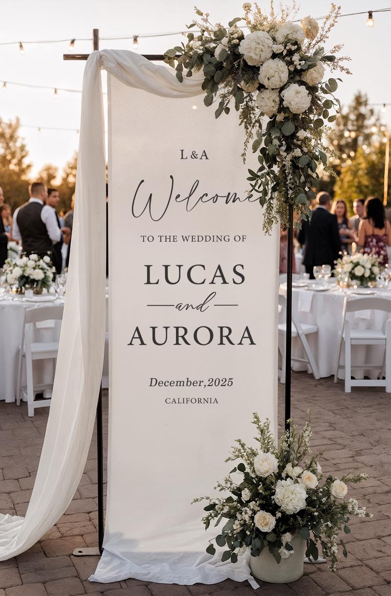 Custom Wedding Welcome Sign | Personalized Fabric Linen Banner for Ceremony or Reception Entrance | Rustic Modern Wedding Decoration