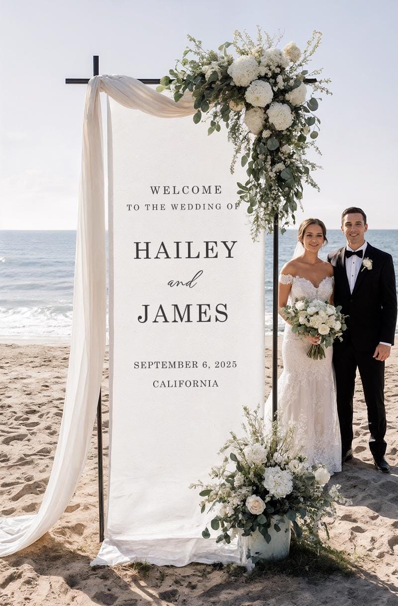 Custom Wedding Welcome Sign | Personalized Fabric Linen Banner for Ceremony or Reception Entrance | Rustic Modern Wedding Decoration