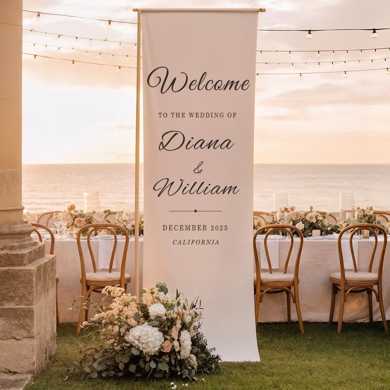 Custom Wedding Welcome Sign | Personalized Fabric Linen Banner for Ceremony or Reception Entrance | Rustic Modern Wedding Decoration