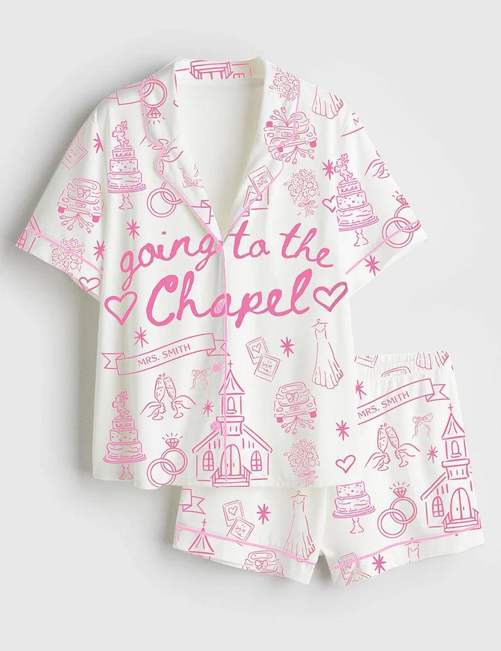 Women's Going To The Chapel Gonna Get Married Coquette Wedding Bride Short Sleeve Satin Pajama Set, Halloween Pajama Sleepwear Set for Her