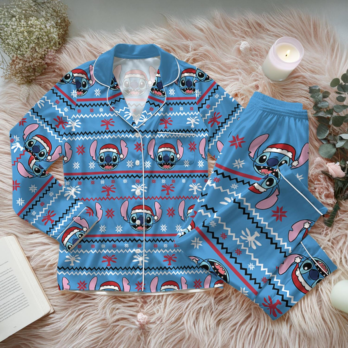 Disney Christmas Stitch Satin Pajamas Set, Ohana Means Family Pjs, Lilo And Stitch Sleepwear, Disney Cartoon Christmas Pajamas