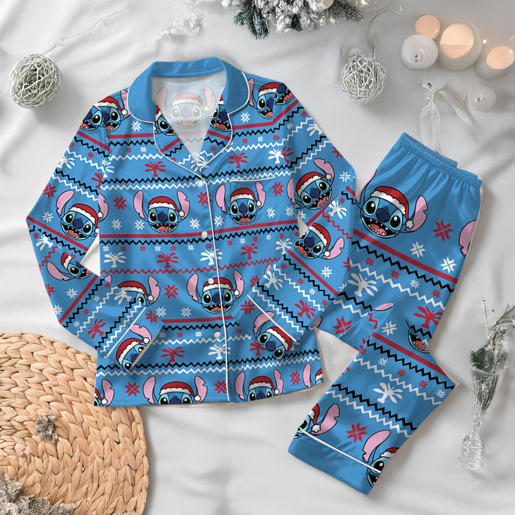 Disney Christmas Stitch Satin Pajamas Set, Ohana Means Family Pjs, Lilo And Stitch Sleepwear, Disney Cartoon Christmas Pajamas