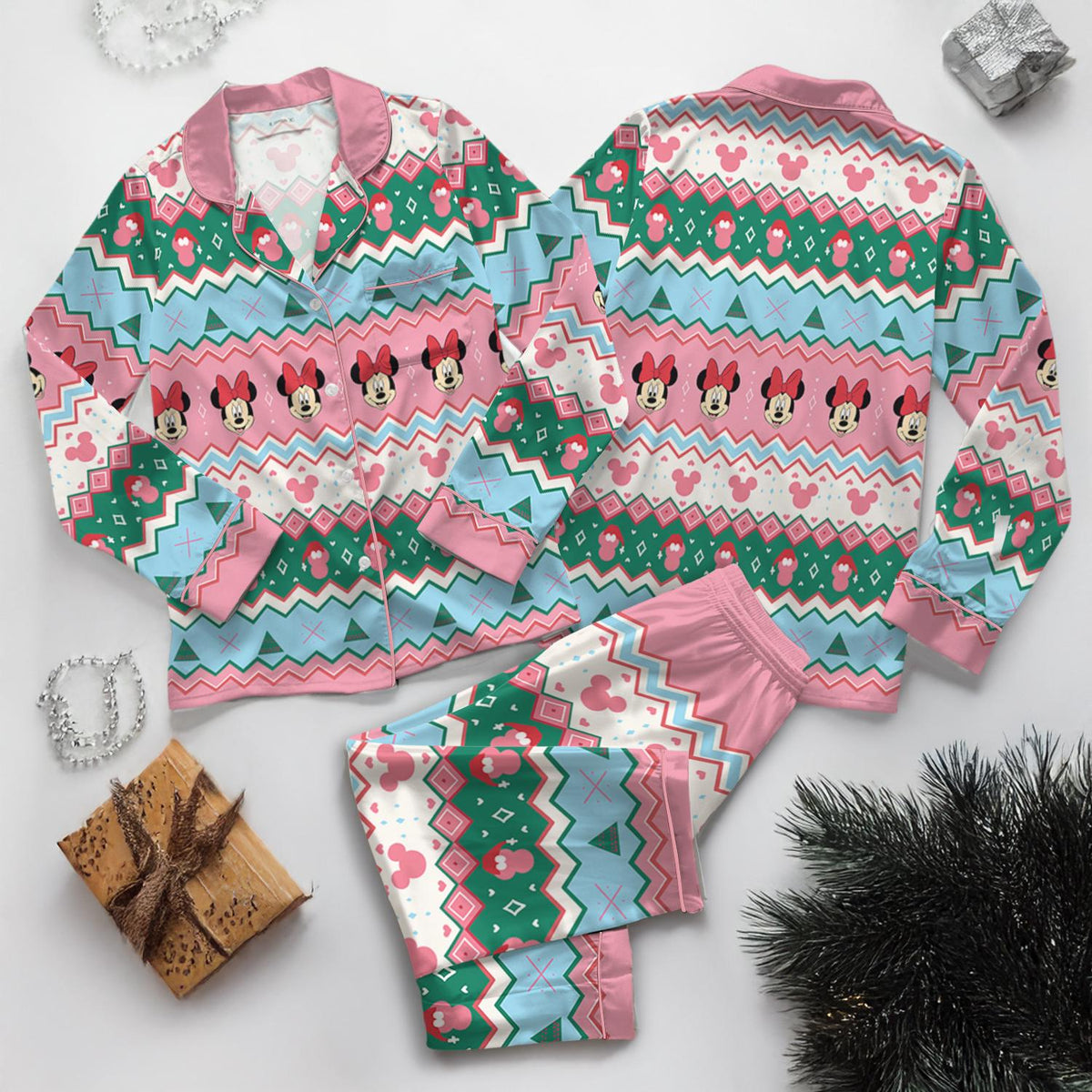 Disney Minnie Mouse Christmas Pink Satin Pajamas Set, Mickey's Very Merry Christmas Party Sleepwear, Disneyland Xmas Pjs