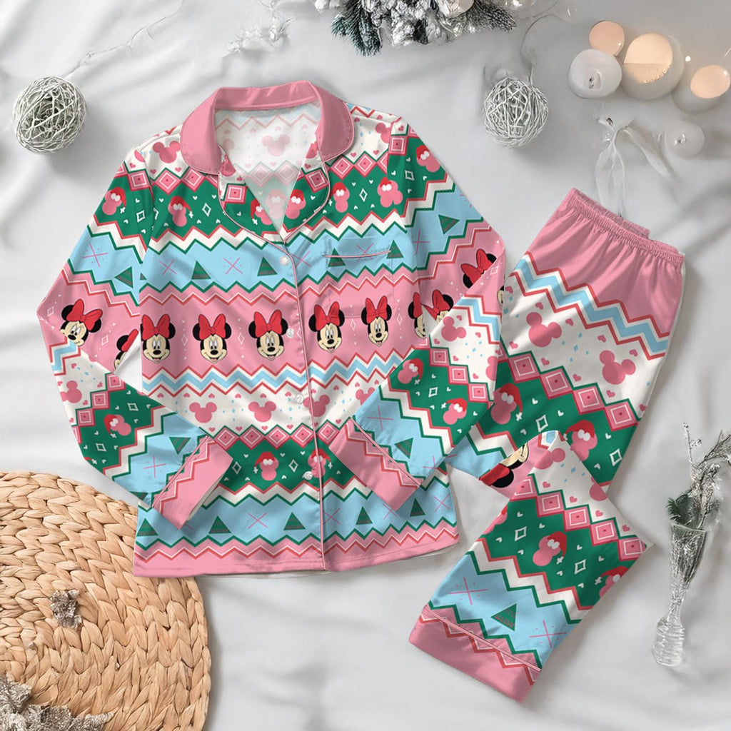 Disney Minnie Mouse Christmas Pink Satin Pajamas Set, Mickey's Very Merry Christmas Party Sleepwear, Disneyland Xmas Pjs
