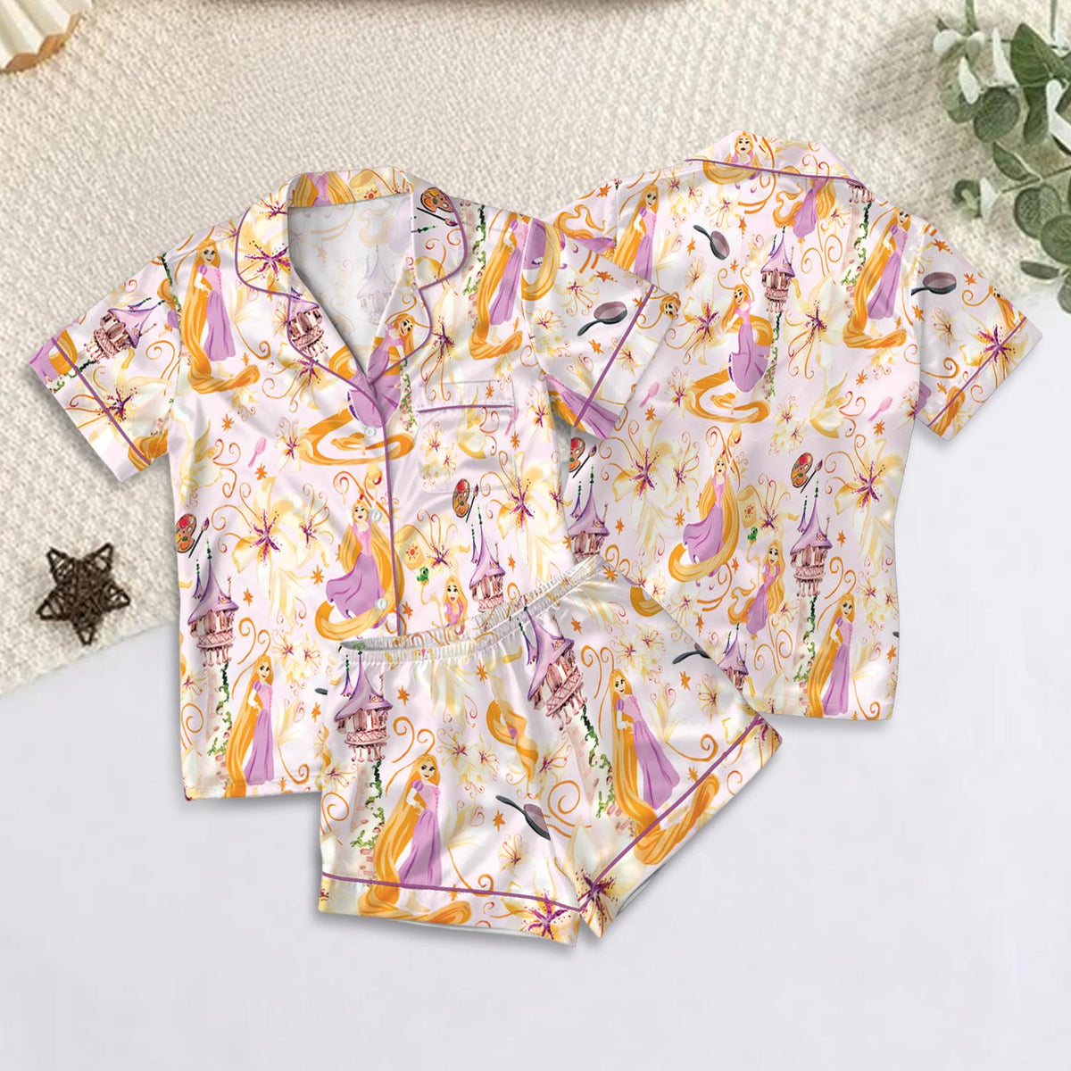 Disney Princess Rapunzel & Rapunzel's Castle Satin Pajamas Set, Disney Princess Tangled Pajamas, Magic Kingdom Disneyland PJs